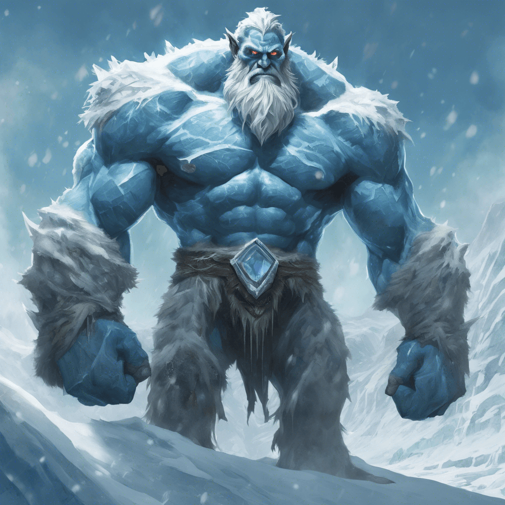 A towering colossus of muscle and ice, the Hill Frost Giant stands at a daunting 15 feet tall with a thick, icy beard and skin as pale blue as a glacial crevasse. Its eyes glimmer with a cold and calculating malice, and in its massive hands, it wields a club of frozen rock, studded with shards of ice. It is armored in a makeshift hauberk made of wolf pelts and steel, frost clinging to every part of its formidable form.