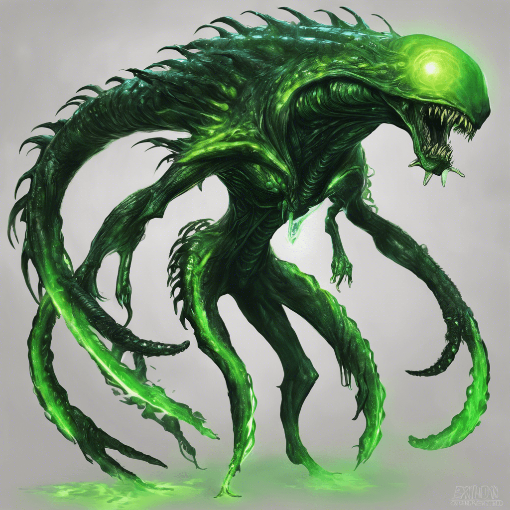 The Xenon Blightwalker is a towering alien creature with shimmering scales covering its body, glowing with a toxic green hue. Its long tentacle-like arms end in sharp claws, capable of delivering deadly strikes. Its mouth is filled with rows of razor-sharp teeth, dripping with acidic saliva. It moves with unnatural speed and agility, emitting a low rumbling growl that sends shivers down your spine.