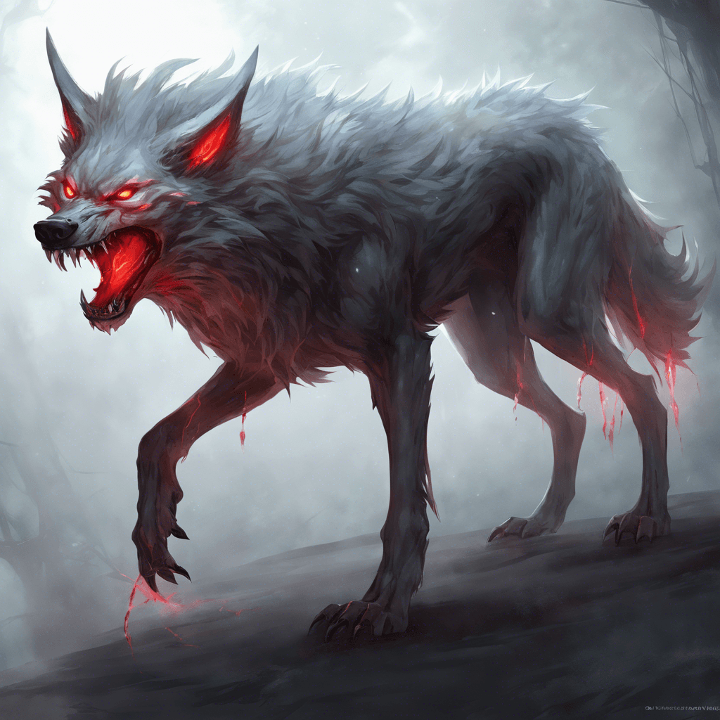 An ethereal wolf-like creature, larger than any natural beast, with glowing red eyes and sharp, intangible fangs. Its body is semi-transparent and shimmers with an otherworldly light, giving the impression of a ghostly form barely clinging to the mortal realm.