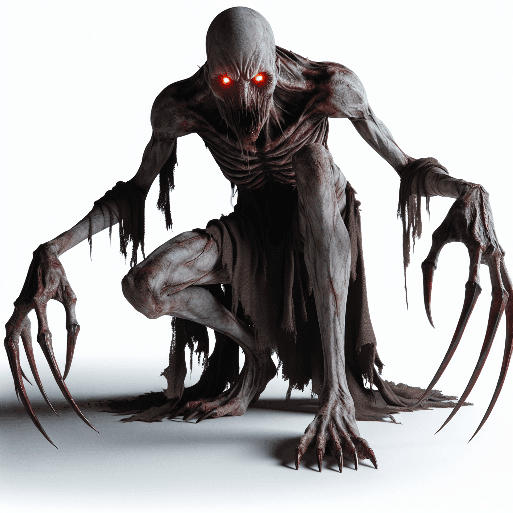 A hunched over, pale-skinned creature with elongated limbs, razor-sharp claws, and glowing red eyes, clothed in tattered robes.