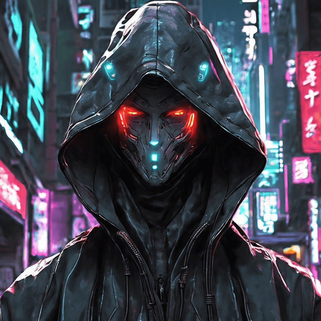 The Cyber Phantom is a mysterious figure cloaked in a hooded trench coat, their cybernetic enhancements glowing faintly beneath the fabric. They move silently with unnatural grace, seamlessly blending into the shadows of Neo-Tokyo's alleyways. Their eyes gleam with a cold, calculating intelligence, scanning their surroundings for any signs of intrusion.