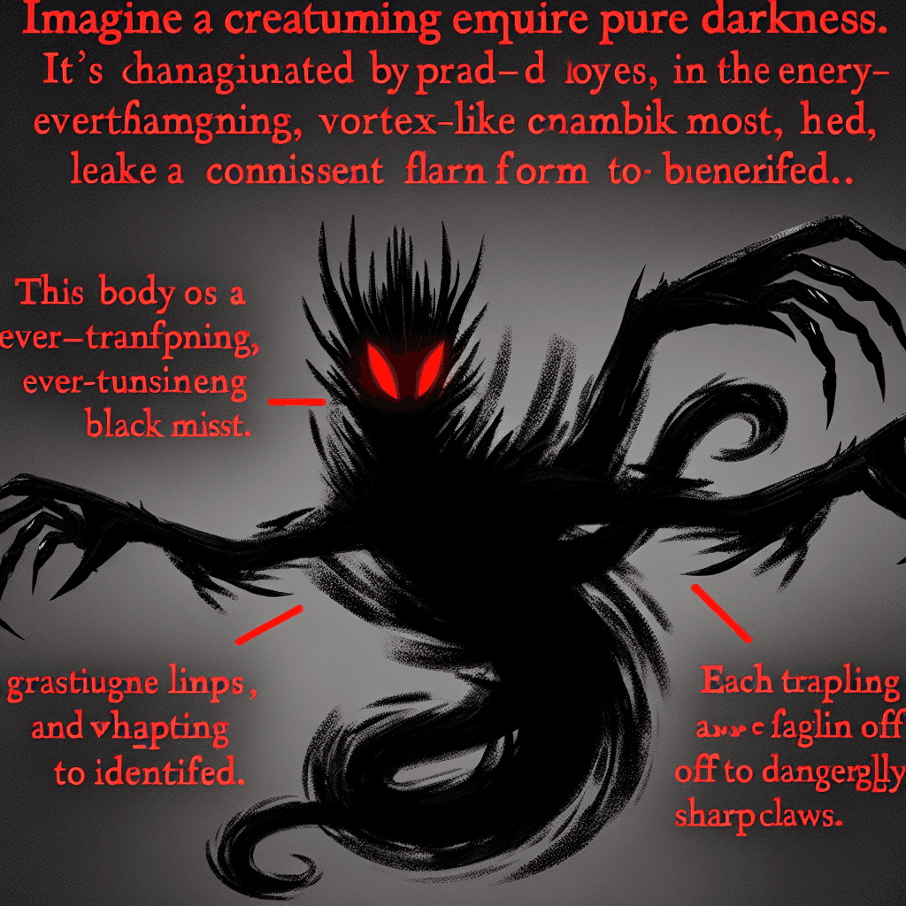 A creature of pure darkness, with gleaming red eyes. Its body seems to be made of swirling black mist, constantly changing shape, with elongated limbs that end in razor-sharp claws.