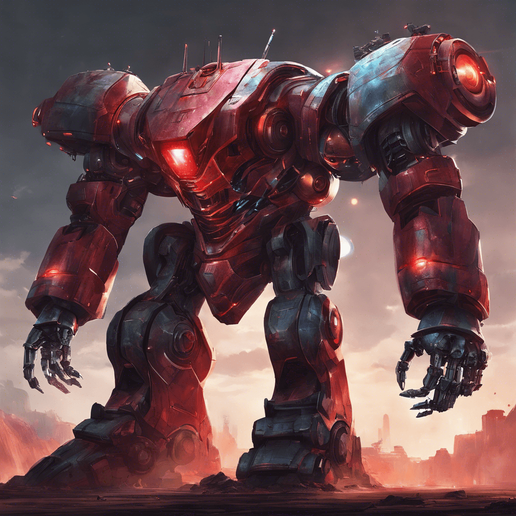 A colossal robot sentinel, with a sleek metallic surface reflecting the cosmic light. It has multiple artillery cannons mounted on its shoulders and arms, and its eyes glow with a menacing red hue.