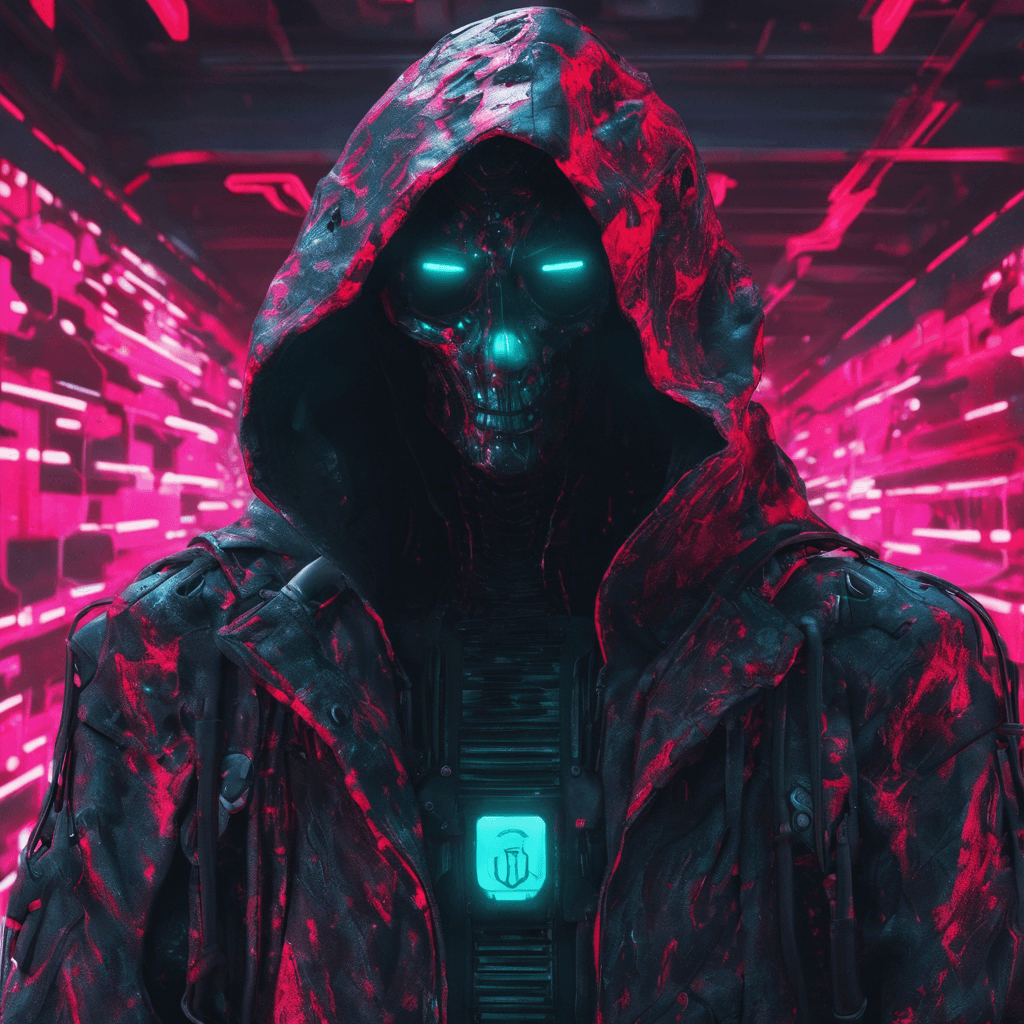 The Data Reaper is a sleek, humanoid figure covered in a shimmering digital camouflage that constantly shifts and changes to blend in with its surroundings. Its eyes glow a menacing red as it moves with an unsettling precision, seeming to anticipate every move before it happens.