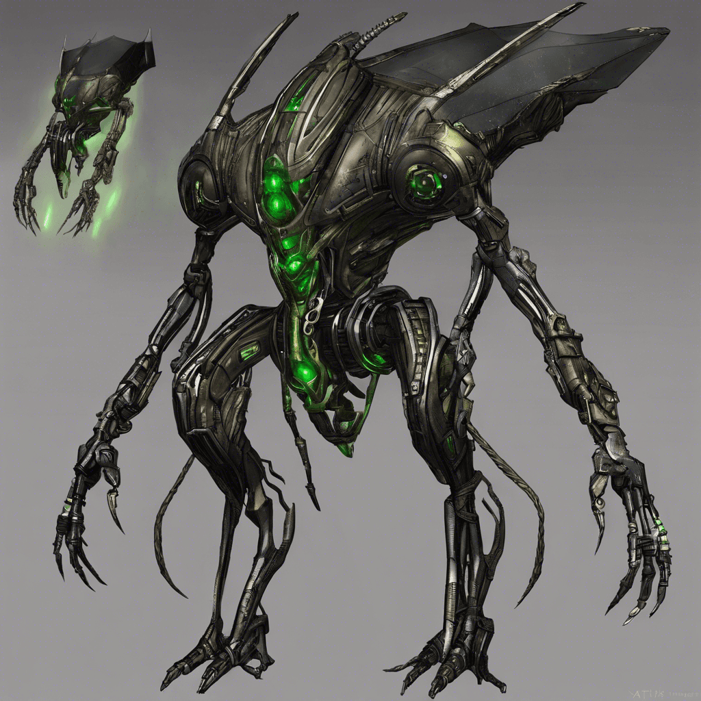 A towering mechanical being, Xathuris the Voidstalker is a conglomeration of alien technology and steely sinew. It glows with a spectral light, its limbs sharp and angular like twisted metal shards. With a central ocular lens that flickers and pulses, it scans the void for prey. Its body is adorned with the emblems of a forgotten alien civilization, and it moves with a silent, menacing grace.