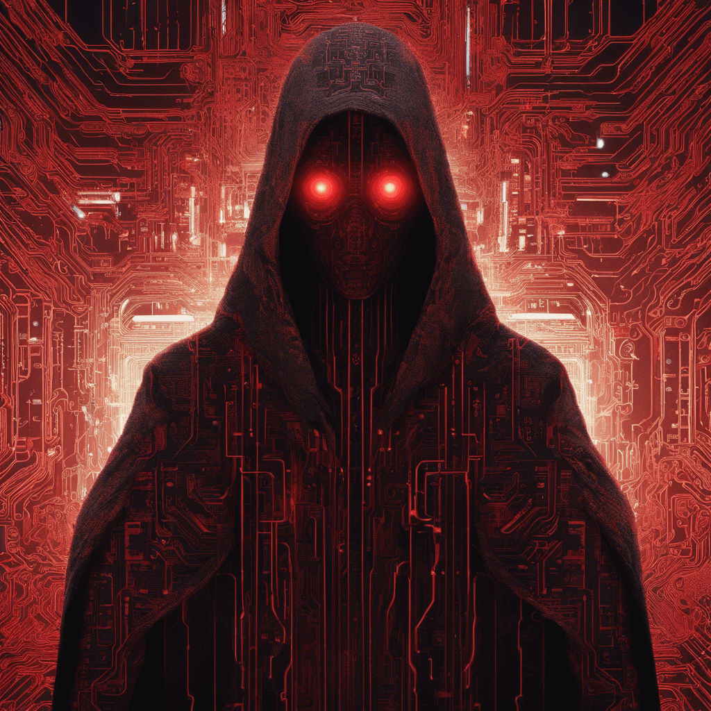 A shadowy figure with glowing red eyes, enveloped in a cloak of woven circuits and cybernetic enhancements.