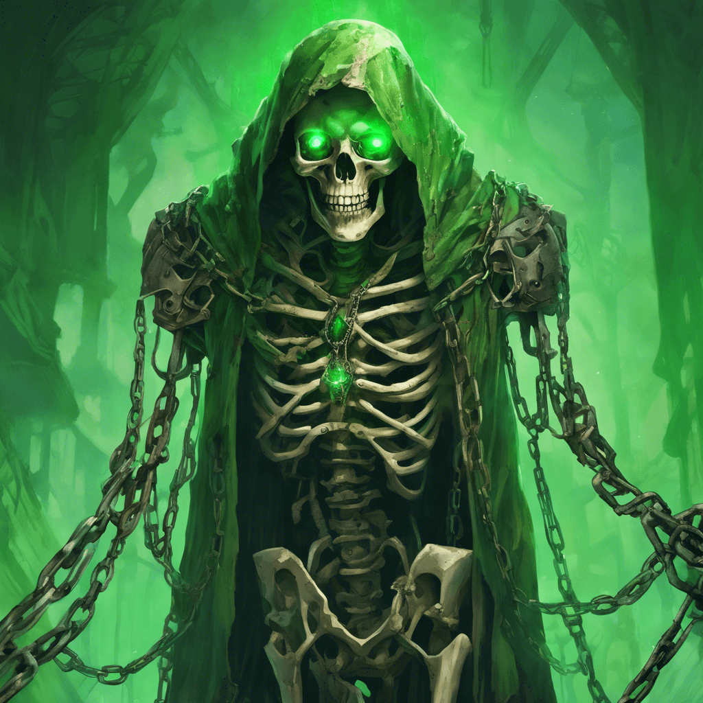 A towering skeletal figure draped in tattered robes, its eyes glowing with a baleful green light. Iron chains are clasped around its bony wrists, clanking as it moves.