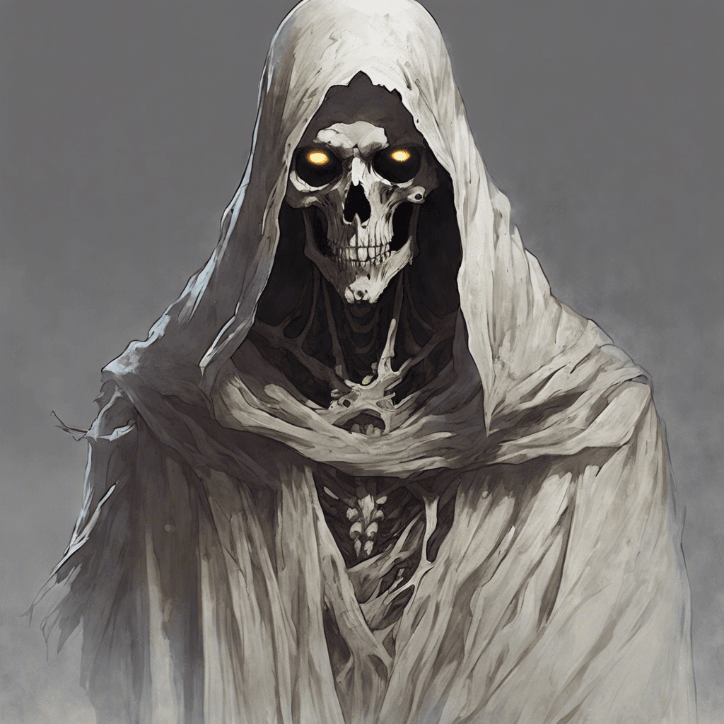 A ghastly, semi-transparent figure, cloaked in tattered robes, with hollow eyes that burn with a pale light. Its form shifts between that of a once-noble aristocrat and a skeletal visage, filled with immense sorrow and a deep yearning for vengeance.