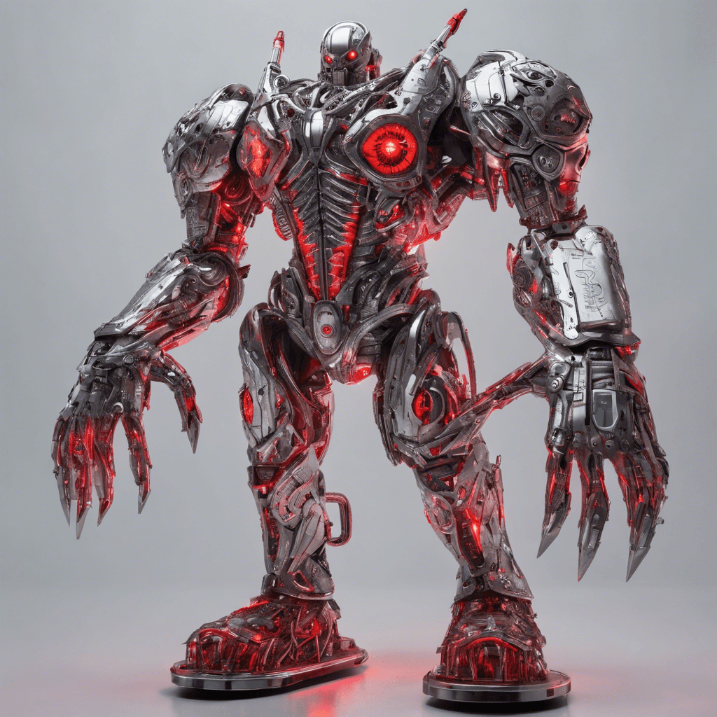 Razor is a towering figure with chrome skin, eyes glowing red. He has mechanical arms ending in various sharp implements, which reflect the neon lights with every movement. His body is adorned with gang insignias, etched directly into his metal surface.