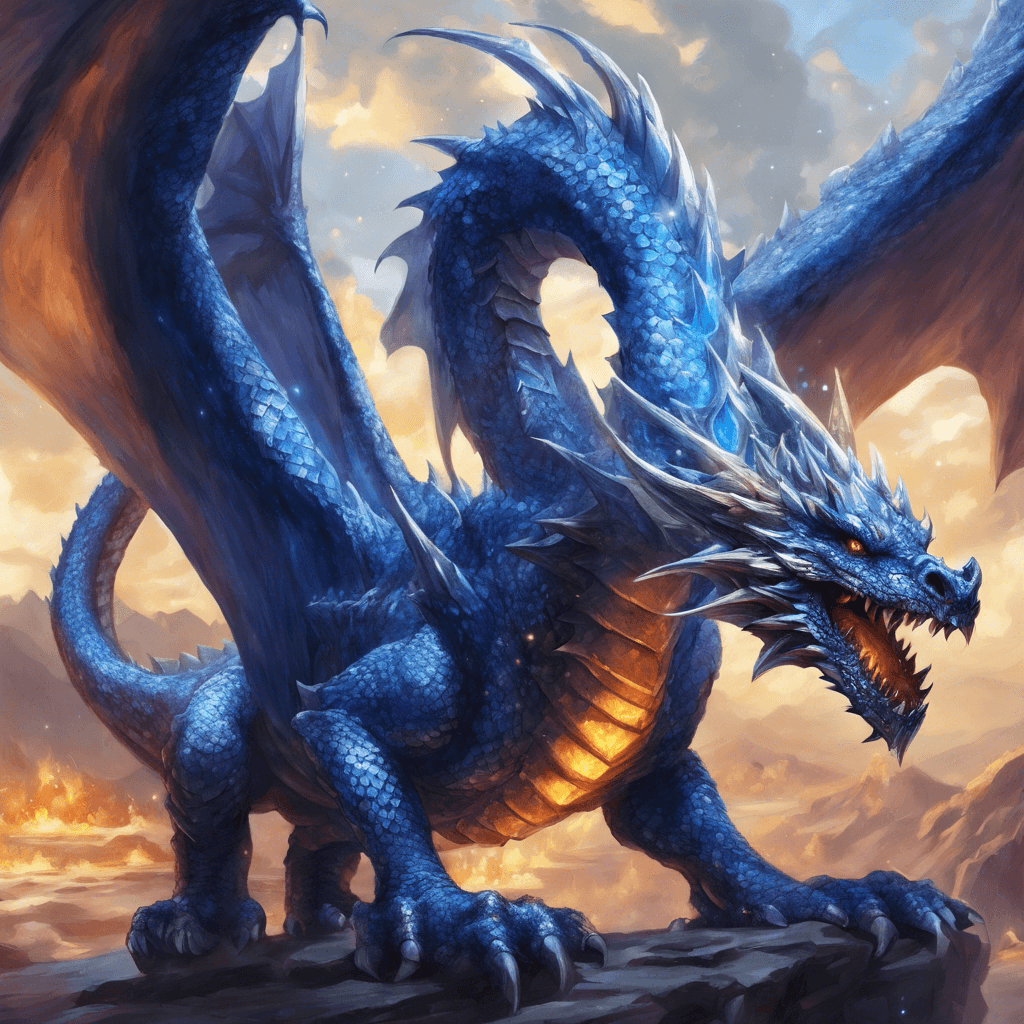 A majestic dragon with scales that glisten like diamonds under the sun's glare. Its eyes burn with the wisdom of the ancients, and sapphire-blue flames flicker within its gaping maw.