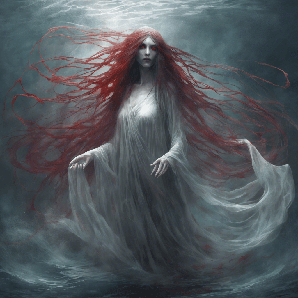 A ghostly figure draped in tattered, ethereal silks that float around her like a water current. Her face is obscured by a veil, but two glowing red eyes peer out, filled with sorrow and rage. Her long, ghostly hair flows as if underwater, and her hands are outstretched with sharp, spectral claws.