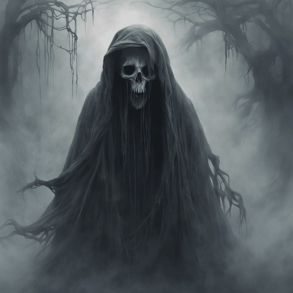 A ghostly figure cloaked in dark rags, with empty eye sockets and a mouth agape, as if it was frozen mid-scream. Drifting slightly above the ground, tendrils of mist weave in and out of its ethereal form