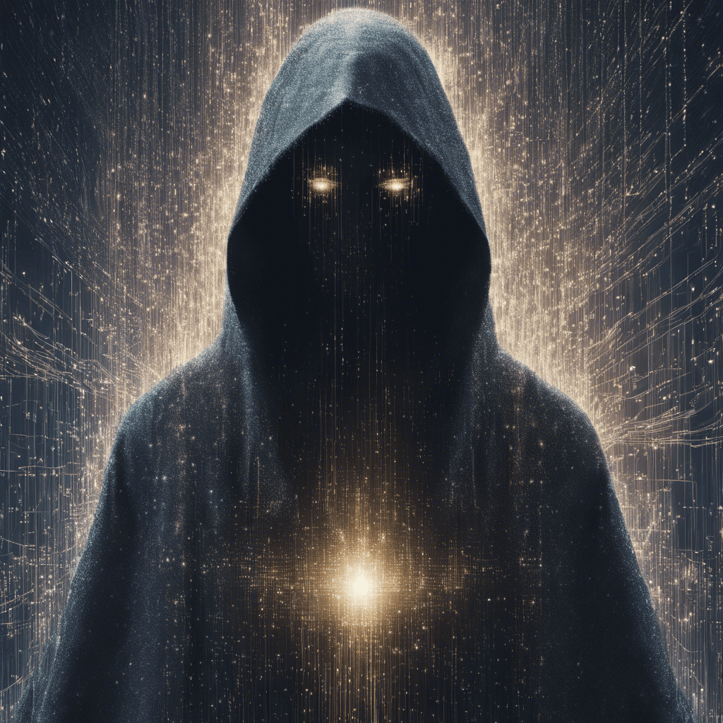 A spectral figure flickers in and out of visibility, draped with a cloak of shimmering digital code. Its eyes are deep voids of static, and its hands crackle with electromagnetic energy.