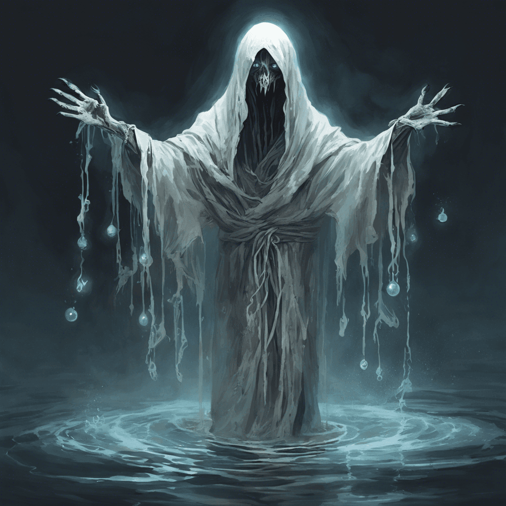 A ghostly figure shrouded in tattered robes that float around it as if submerged in water. Its eyes are two glowing orbs of malevolent light, and its hands end in long, ethereal claws.