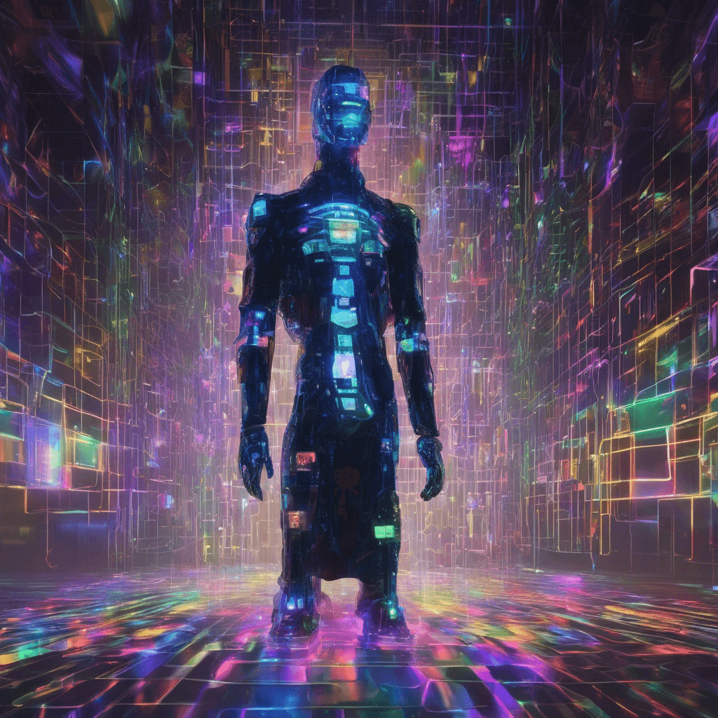 A towering humanoid figure cloaked in a patchwork of flickering holograms, casting neon glows amidst the shadows. It has an aura of distortion warping reality around it. Cybernetic appendages peeking out, adorned with glinting, illegally modified software disruptors.