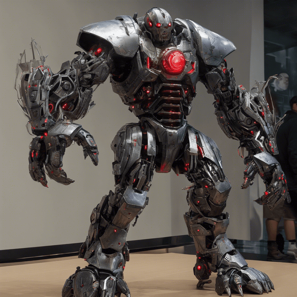 A hulking automaton, the Cyber Sentinel is encased in scratched and dented gunmetal armor with glowing red sensor eyes. It moves with a threatening, deliberate pace, its mechanical limbs whirring with each motion. A variety of menacing weapons are integrated into its arms, making it a formidable enforcer of order.