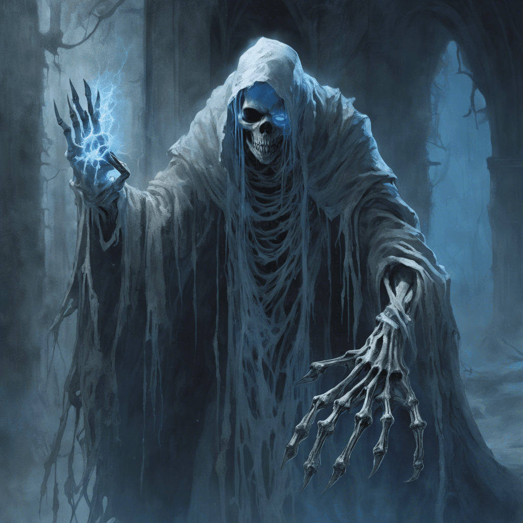 A ghastly figure with pallid, tattered robes clinging to its skeletal frame, its eyes gleaming with an unnatural blue light. Long, decayed fingers end in claw-like nails, and frost seems to emanate from its being, chilling the surrounding air.