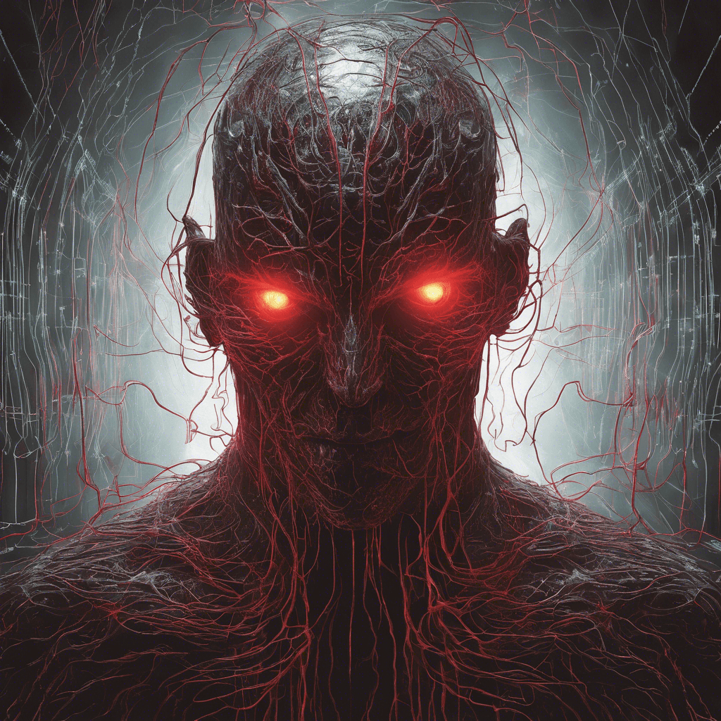 A spectral figure flickers in and out of visibility, its form composed of streaming lines of rogue code and erratic data pulses. Sinister red eyes glow from a face that is more suggestion than substance, while tendrils of corrupted data stream from its fingertips, seeking to latch onto and drain any system it encounters.