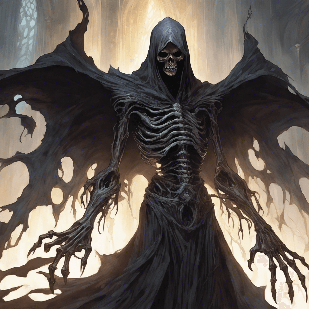 A ghastly wraith emerges, its body semi-transparent and flickering like a faulty lantern. Shredded robes drape off its form, revealing skeletal hands that claw through the air. Its eyes are hollow, yet a malevolent light burns within, casting an eerie glow in the chilling darkness of the Sunken Cathedral.