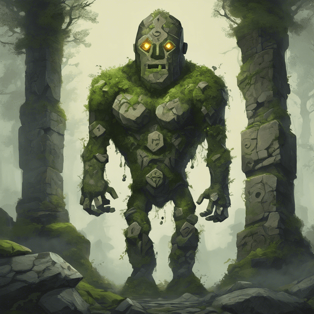 A stone golem adorned with runes and moss, its towering figure emanates an ominous glow from its gemstone eyes, and ancient symbols etch its forearms.