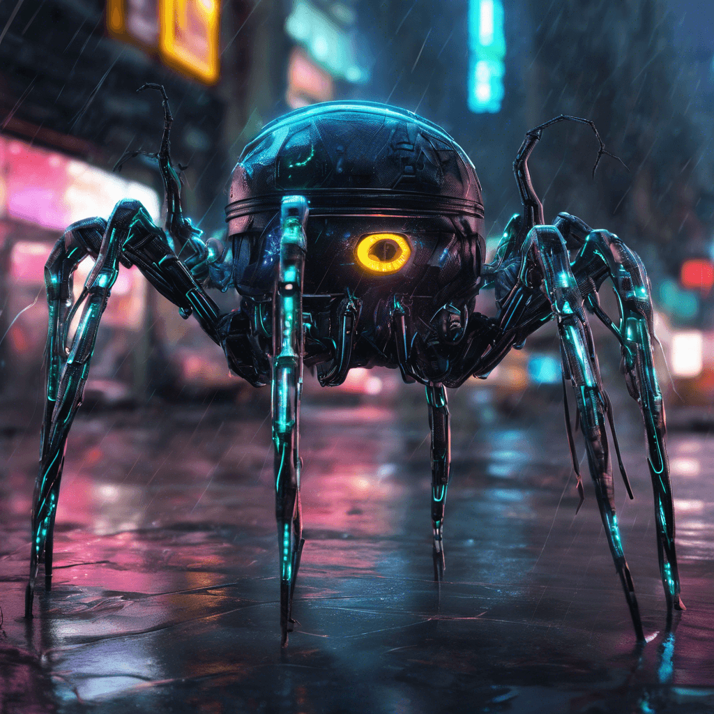 The Neon Cyber Spider is a hybrid creature, part mechanical, part organic, with neon lights pulsating beneath its synthetic exoskeleton. Its eight legs are sleek and metallic, moving with uncanny agility as it scuttles across the rain-slicked streets. Its eyes glow with a malevolent intelligence, scanning its surroundings for prey.