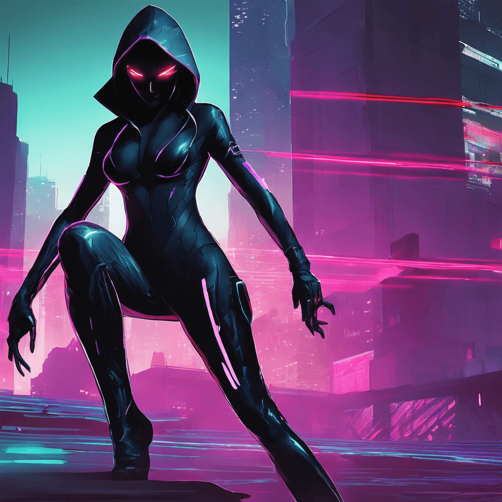 The Neon Shadow is a cybernetically-enhanced assassin clad in a sleek, black bodysuit that seems to blend seamlessly with the shadows of the city. Its eyes glow with a faint neon light, giving it an eerie appearance as it moves silently and swiftly through the urban landscape.