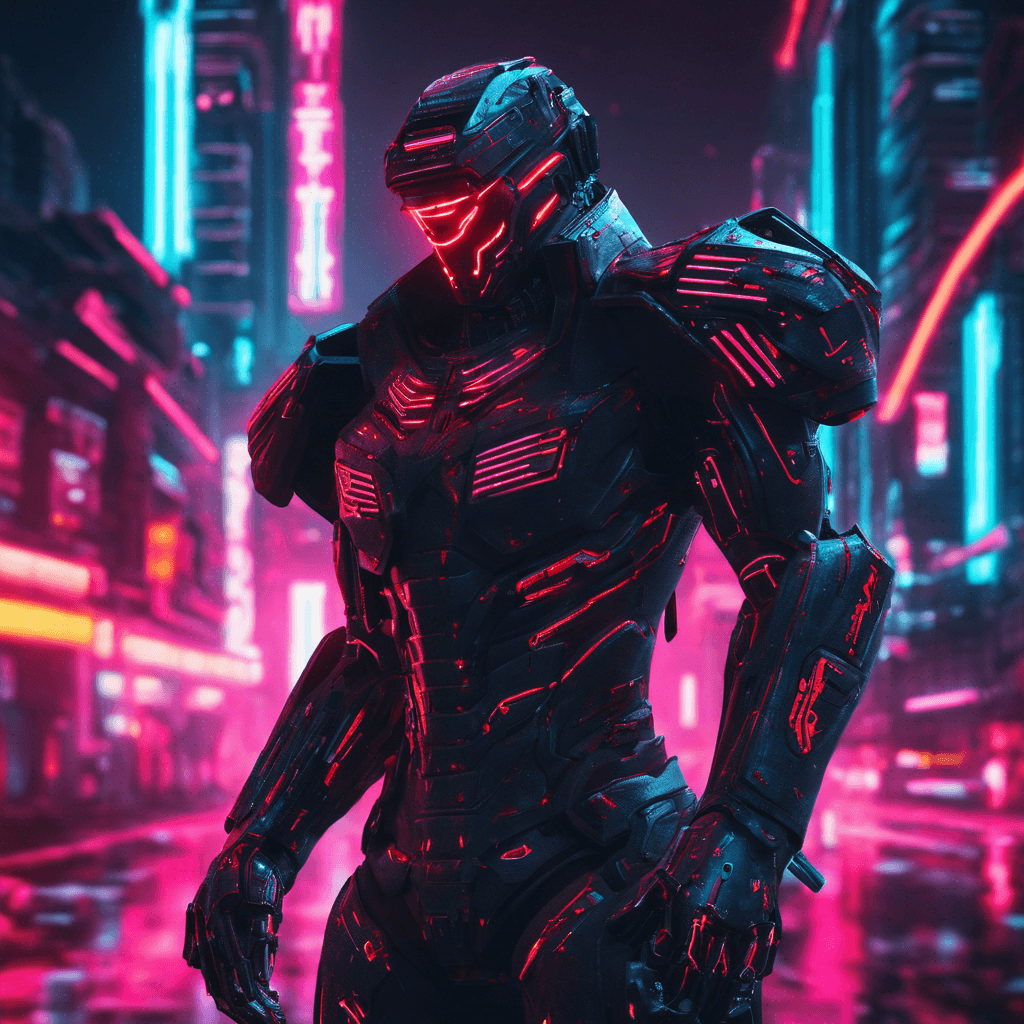 The Cipher Sentinel is a humanoid cybernetic enforcer standing tall and imposing, clad in sleek black armor adorned with neon circuit patterns. Its glowing red visor scans the area with precision, ready to engage any threats with deadly efficiency.