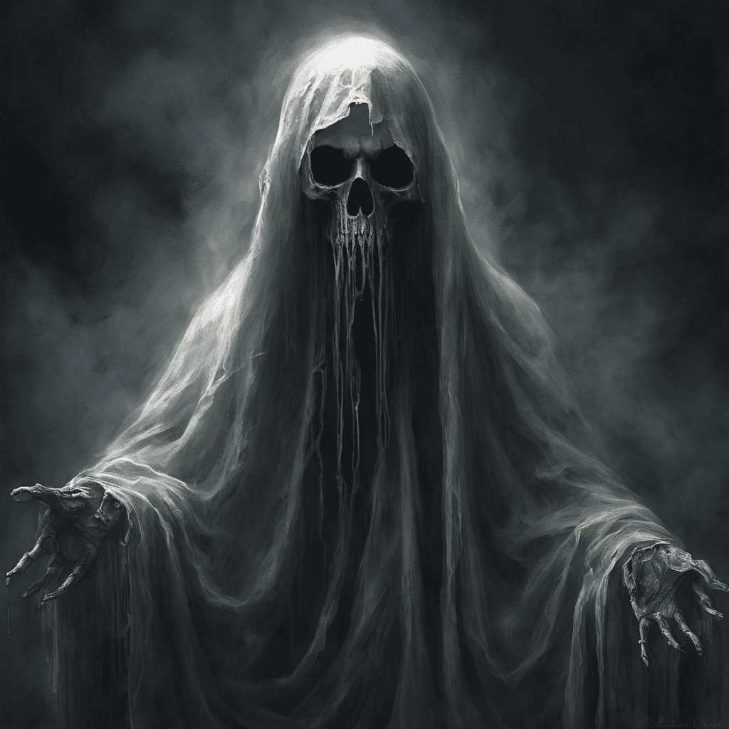 A ghostly apparition shrouded in tattered robes, its face a void of darkness except for two glowing, malevolent eyes that float within. Its movements are erratic, flickering in and out of visibility as an eerie whispering fills the air around it, chilling the bones of those who dare come near.