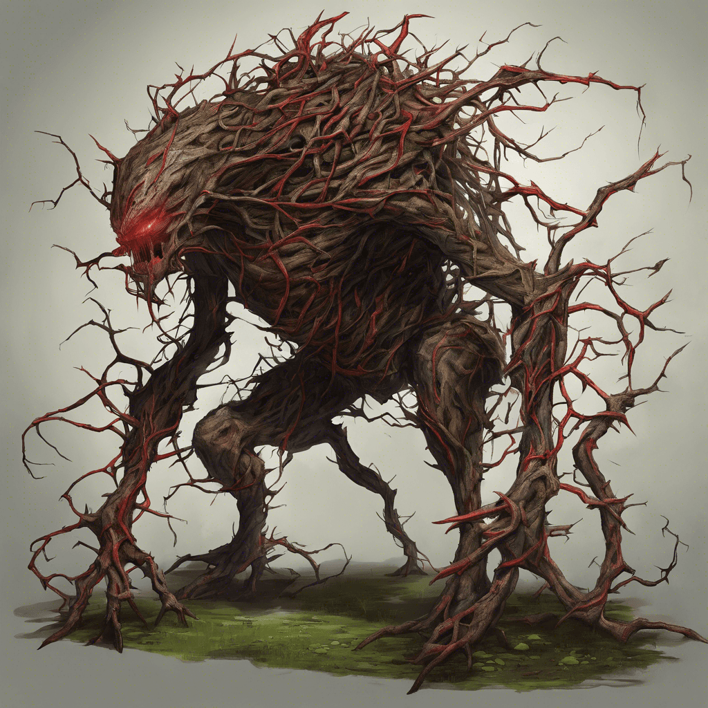 A towering creature made of twisting vines and bark, with piercing red eyes and thorns protruding all over its body. It moves with a rumbling force, causing the ground to quake beneath its weight.