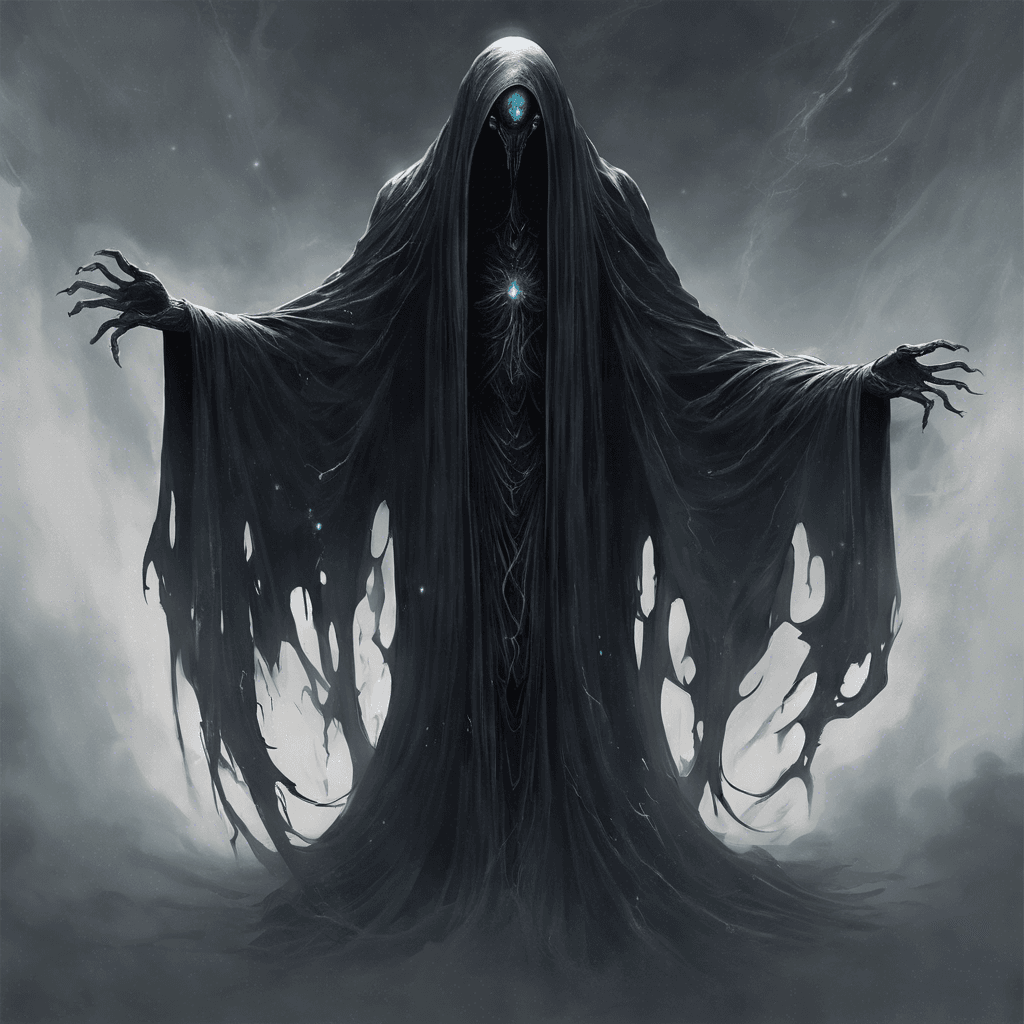 The Void Wraith is a sinister being from the depths of space, cloaked in darkness and surrounded by an aura of crackling energy. Its form shifts and shimmers, making it difficult to focus on as it moves with an otherworldly grace. Its eyes are like endless voids, sucking in the light around them.