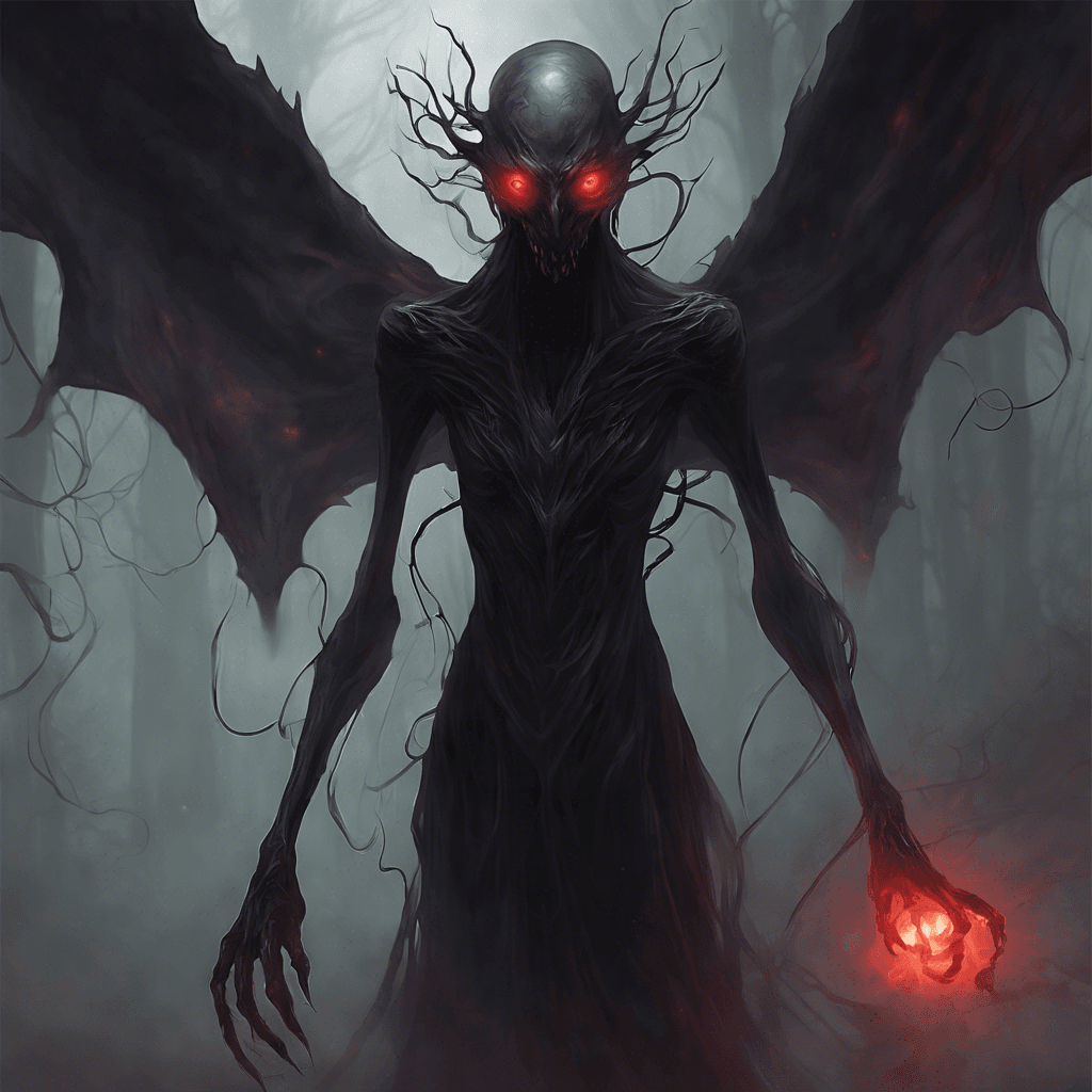 A Shadowy, ethereal wraith-like creature with shifting, smoky tendrils instead of limbs and two glowing, malevolent red eyes. Its form is semi-transparent, and it moves with a soundless, eerie grace, capable of phasing through solid objects.