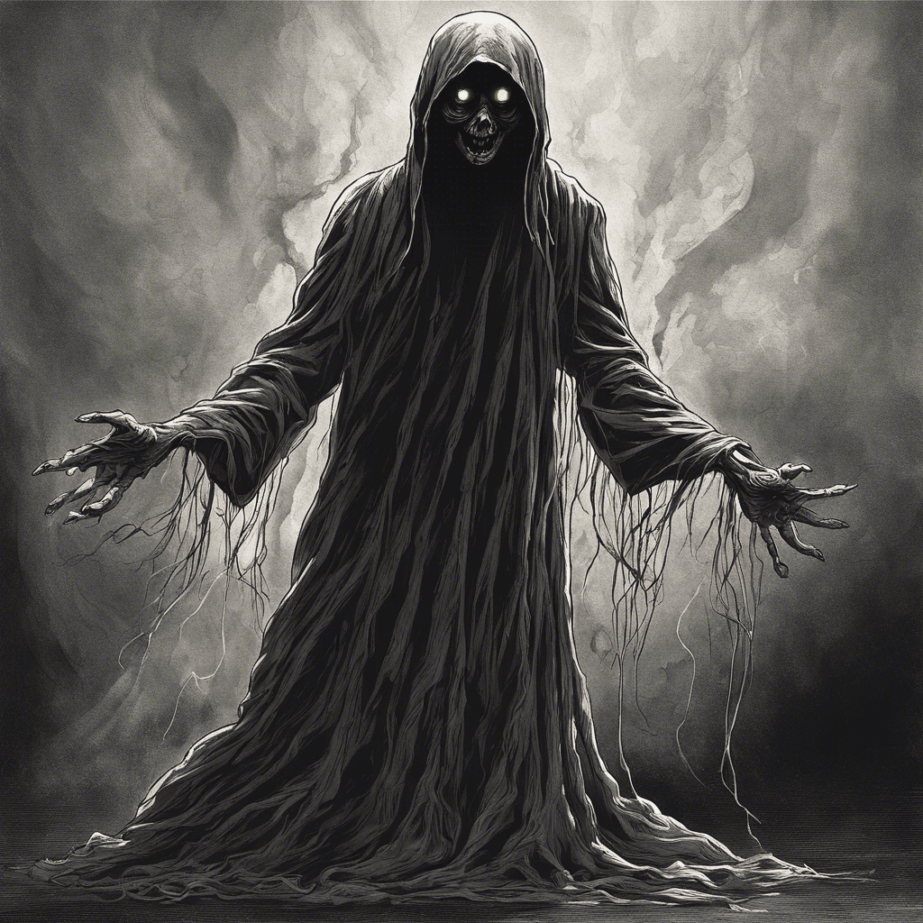 A twisted apparition, the Poltergeist Exorcist is a tormented spirit of a former clergyman that manifests as a swirling mass of shadowy robes with no solid form. The creature's face is a gaping maw of darkness, from which angry spectral light emanates, and its hands are elongated, ending in ghostly tendrils that reach out with purpose.