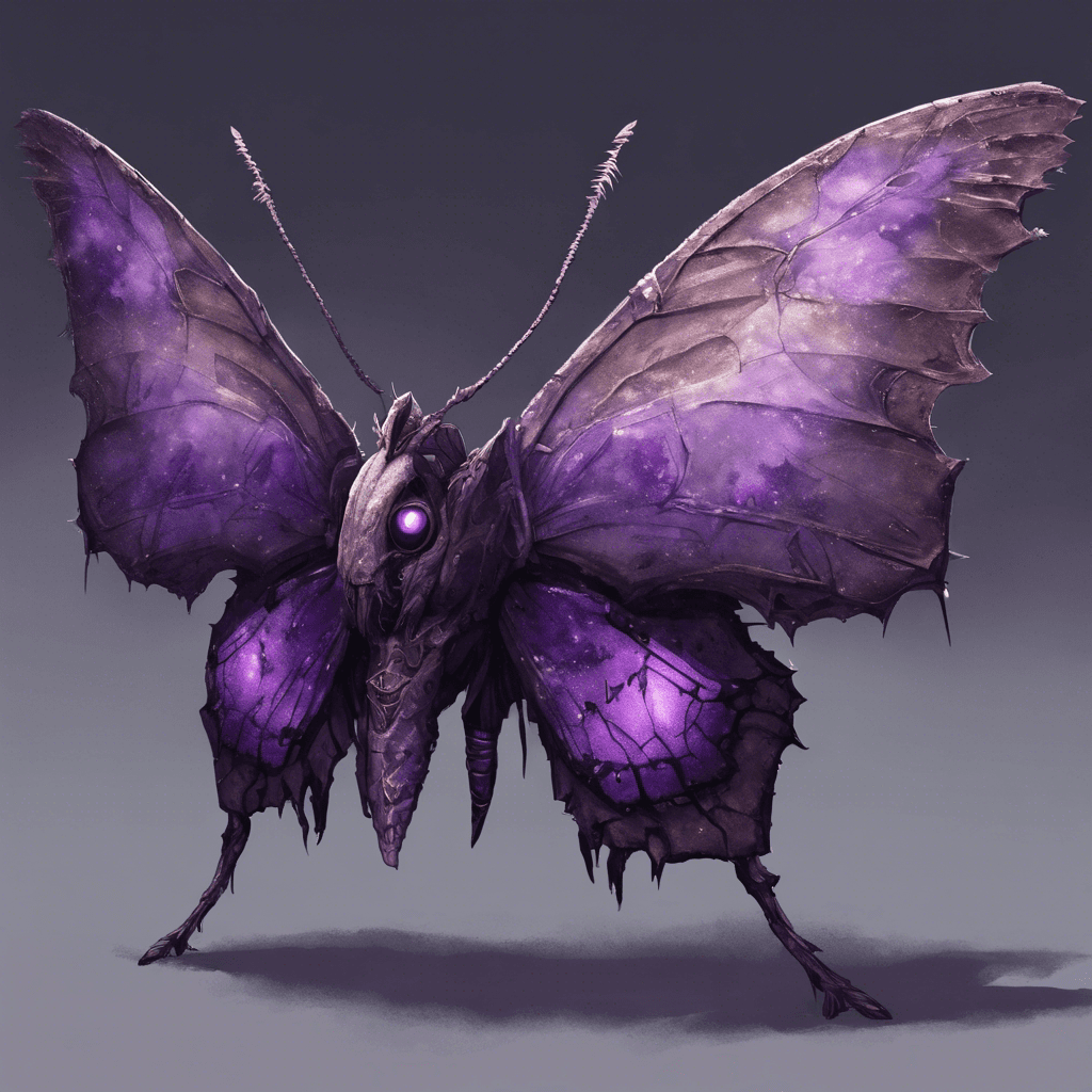 A monstrous moth, larger than a horse, with tattered wings that shimmer with a ghastly purple hue. Its eyes glint with otherworldly malice, and it exudes a misty shadow that chills the air around it.