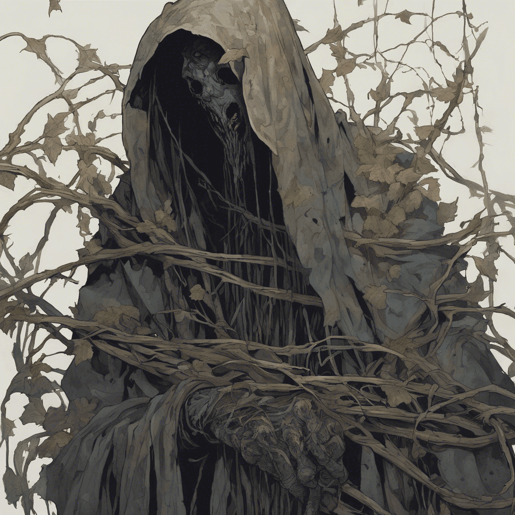 A gaunt figure draped in tattered robes, its face concealed beneath a hood of woven bramble. Dark, withered vines curl around its arms, and its hands emit a faint, bluish glow.