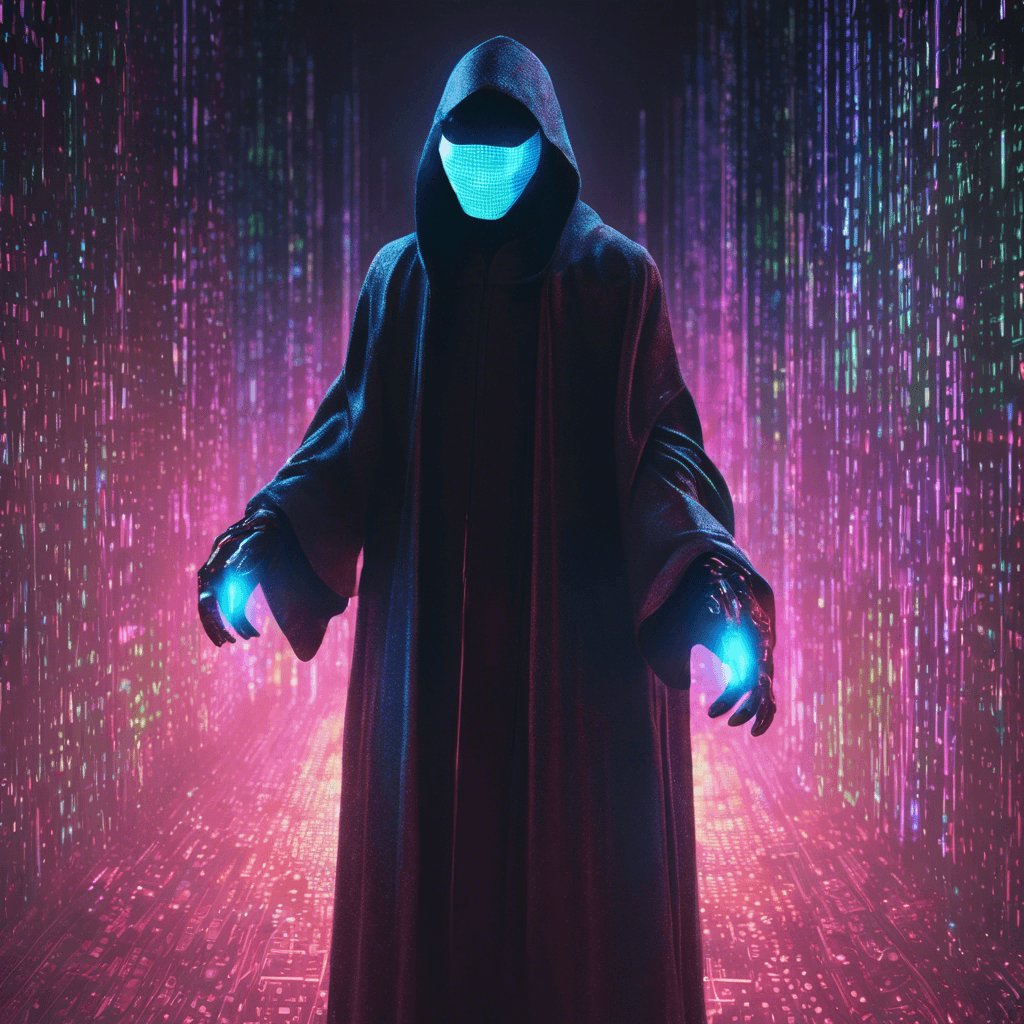 A shadowy figure with a flowing cloak made of shimmering digital fabric, its face obscured by a holographic mask. Glimpses of cybernetic implants peek from beneath the cloak, and it holds a neon-glowing data blade.