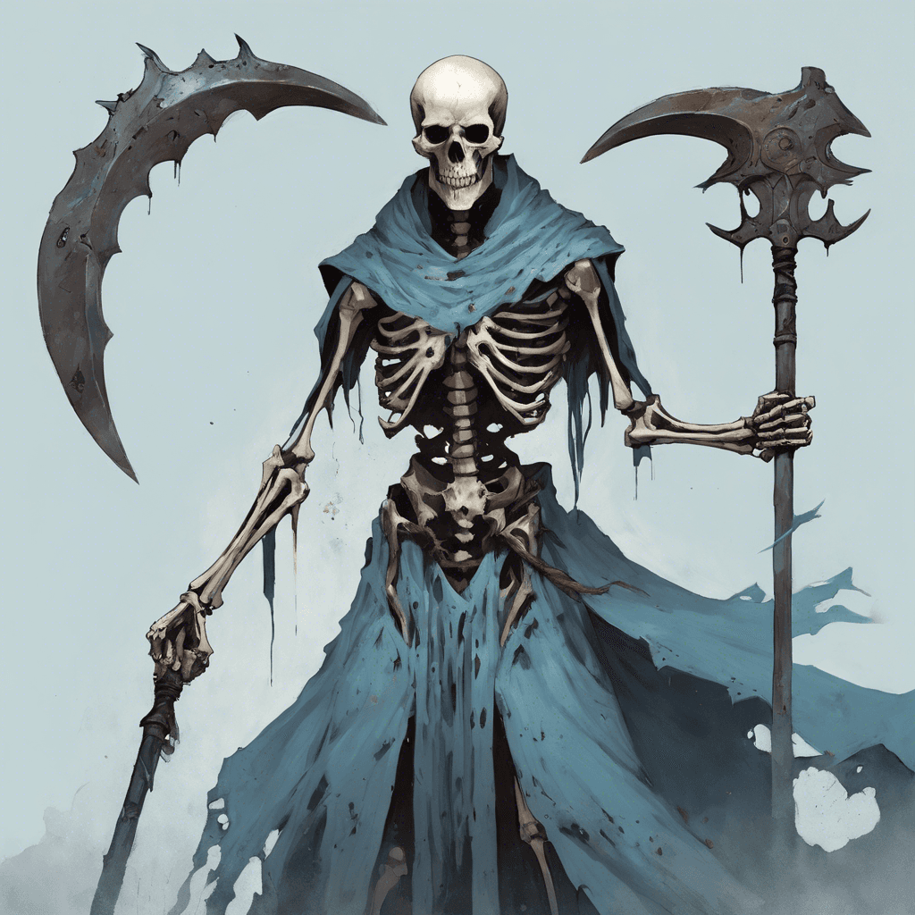 A towering skeletal figure clad in tattered robes. Pale blue flames flicker in the empty sockets of its skull, and its gaunt hands grip a rusted scythe that crackles with necrotic energy.