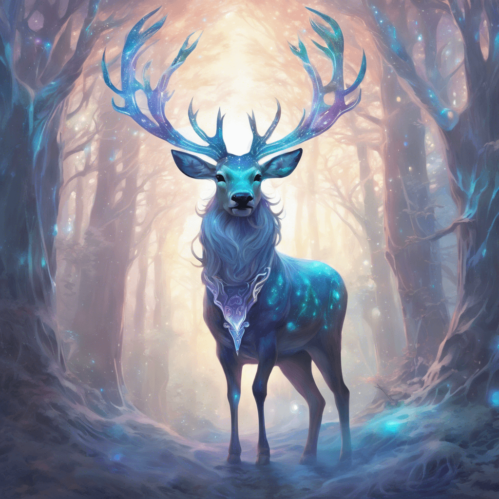 A colossal stag with shimmering, opalescent antlers that twist into the sky like ethereal spires. Its eyes are glowing orbs of pure celestial light, and its coat is a tapestry of iridescent shades that morph with each step it takes. Mystical runes glow across its majestic flanks.