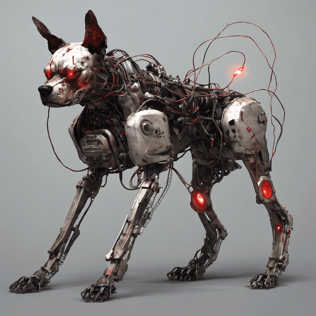 A dilapidated cybernetic dog with corrosion patches on its metal parts, flickering red eyes, and loose wires trailing from its hindquarters.