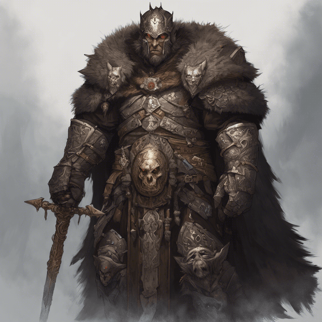 An imposing figure draped in a bear fur cloak, with a horned helm shadowing a face riddled with scars. Grendar wields a massive warhammer, its head engraved with runes of power, and his eyes alight with the thrill of battle.