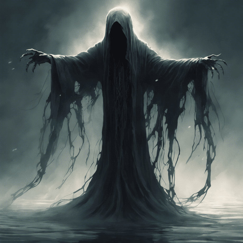 A menacing shadowy apparition with long, tattered robes that float and ripple as if underwater. Its eyes are empty voids, and it exudes an aura of despair. Its hands are elongated, ending in sharp, ethereal claws.