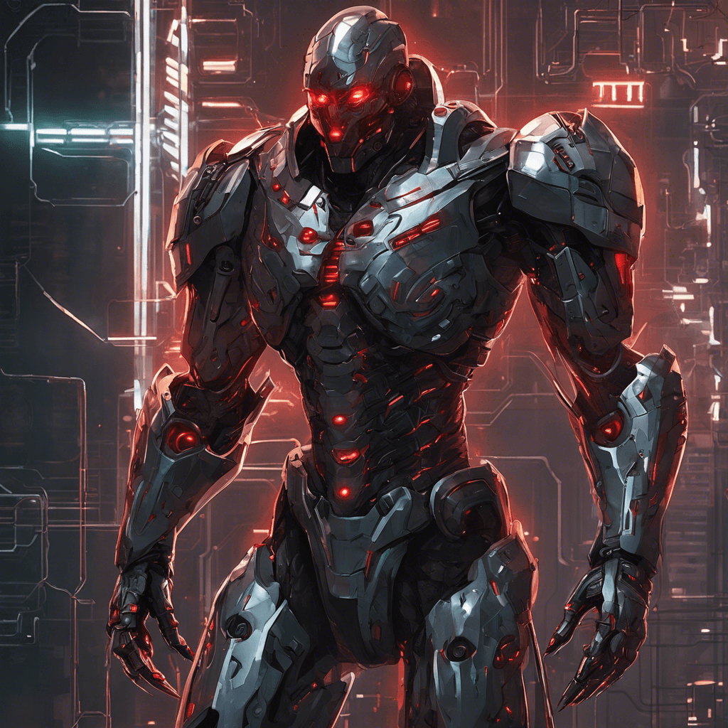 The Cybernetic Enforcer is a towering humanoid figure, covered in sleek, metallic armor. Glowing red eyes pierce through the darkness, and wires and circuits can be seen running along its body. It moves with unnatural speed and precision, exuding an aura of danger and power.