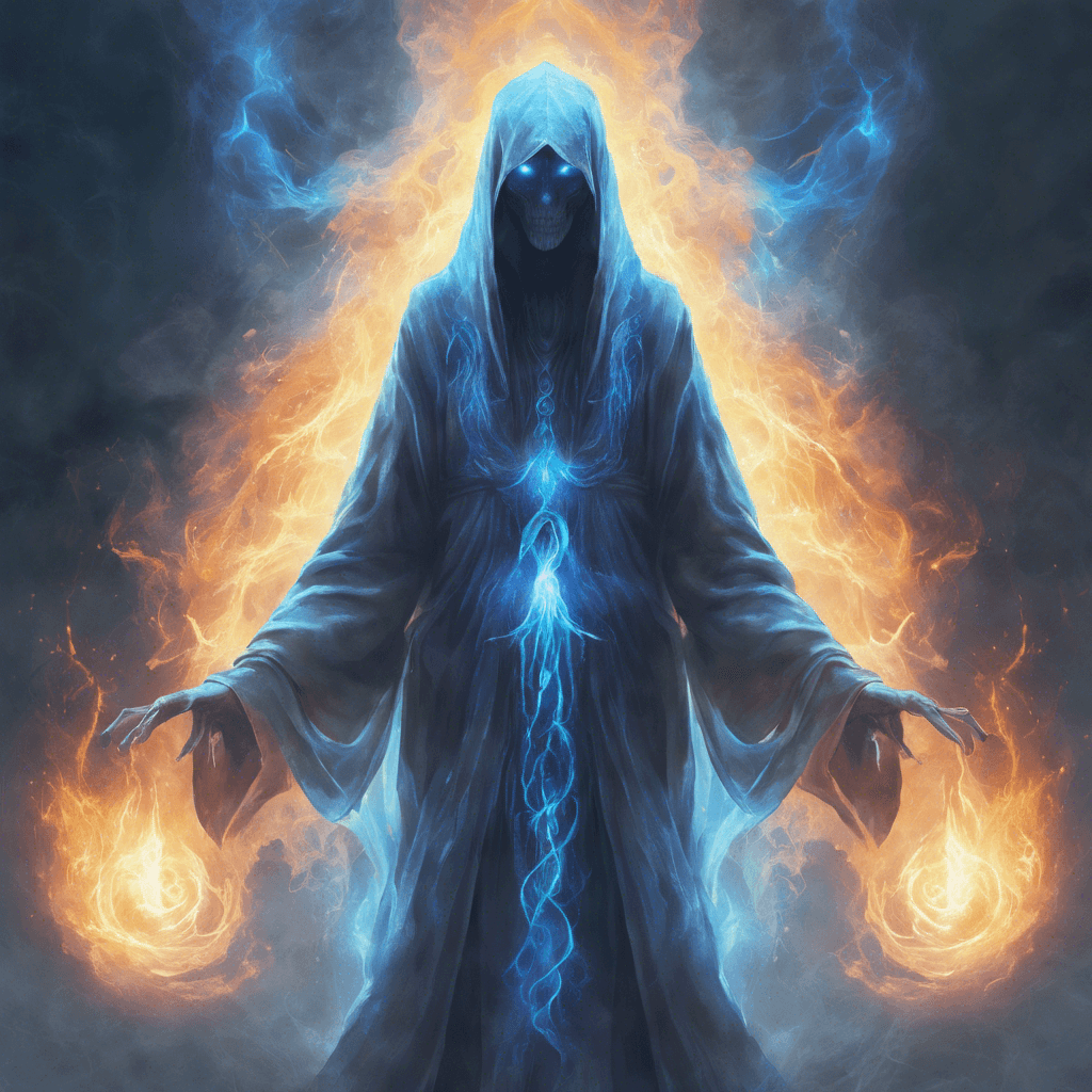 A spectral figure shrouded in ethereal robes, its eyes glowing with blue arcane fire. It hovers above the ground, leaving no trace, and its hands crackle with otherworldly energy.