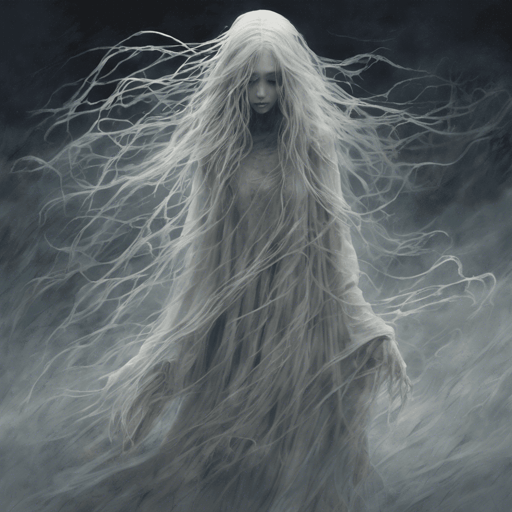 A ghostly, wailing figure with wispy strands of ethereal hair floating around its sunken, hollow eyes, and a tattered dress that whispers with the sound of a thousand mournful souls.