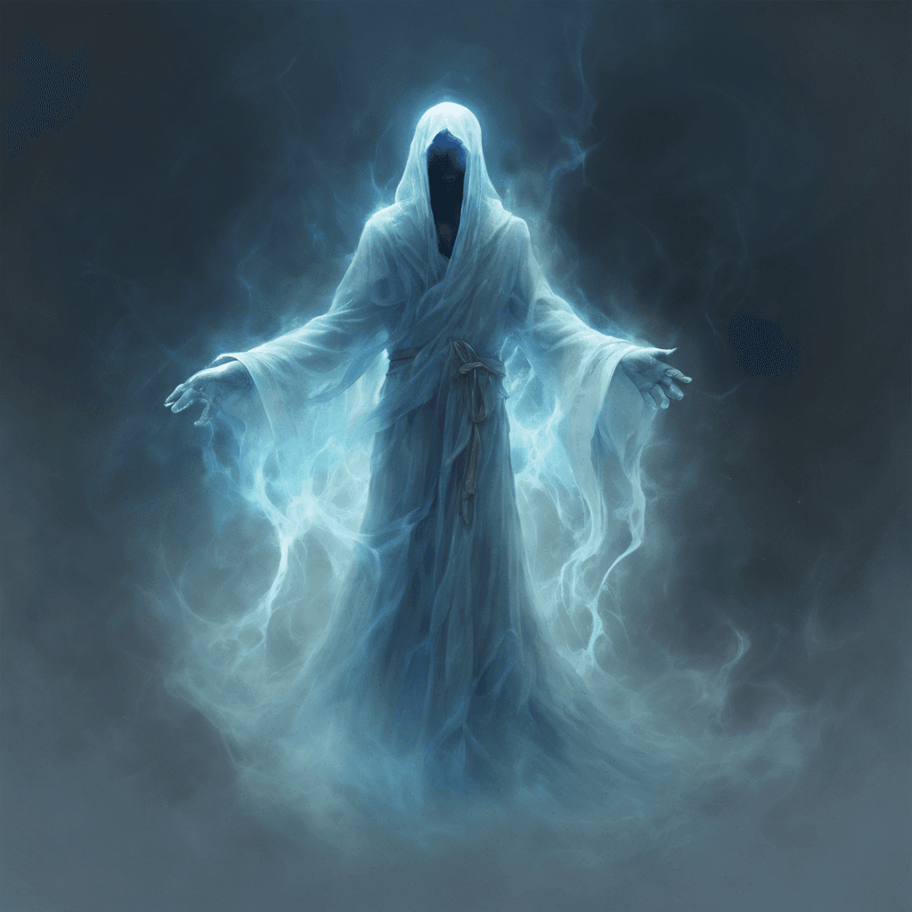 A translucent, ghostly figure with wisps of ethereal vapors trailing behind it. Its eyes are hollow, glowing faintly blue. Tattered robes flow around its barely discernible silhouette.