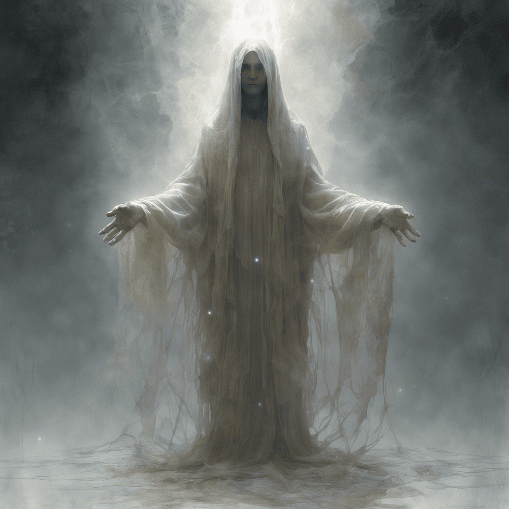 A translucent figure shrouded in tattered robes, floating slightly above ground. Its eyes are hollow, emitting a faint, ethereal glow. Its hands are outstretched, with fingers that flicker in and out of visibility.