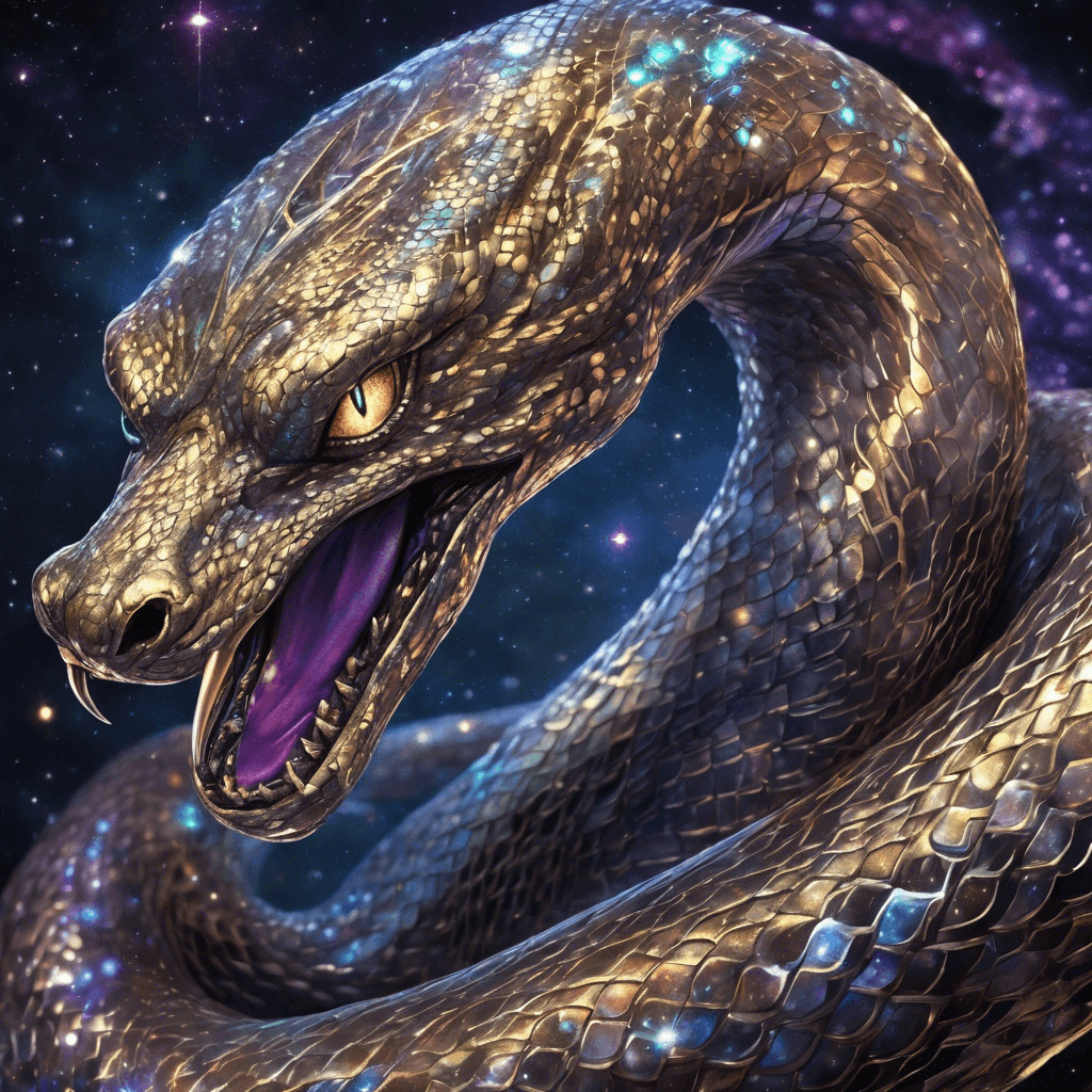 A slithering, metallic serpent-like creature with multiple gleaming eyes that seem to pierce through the fabric of reality. Its body is covered in shimmering scales that reflect the stars of space and it hovers in the air, emanating an ominous psychic aura.