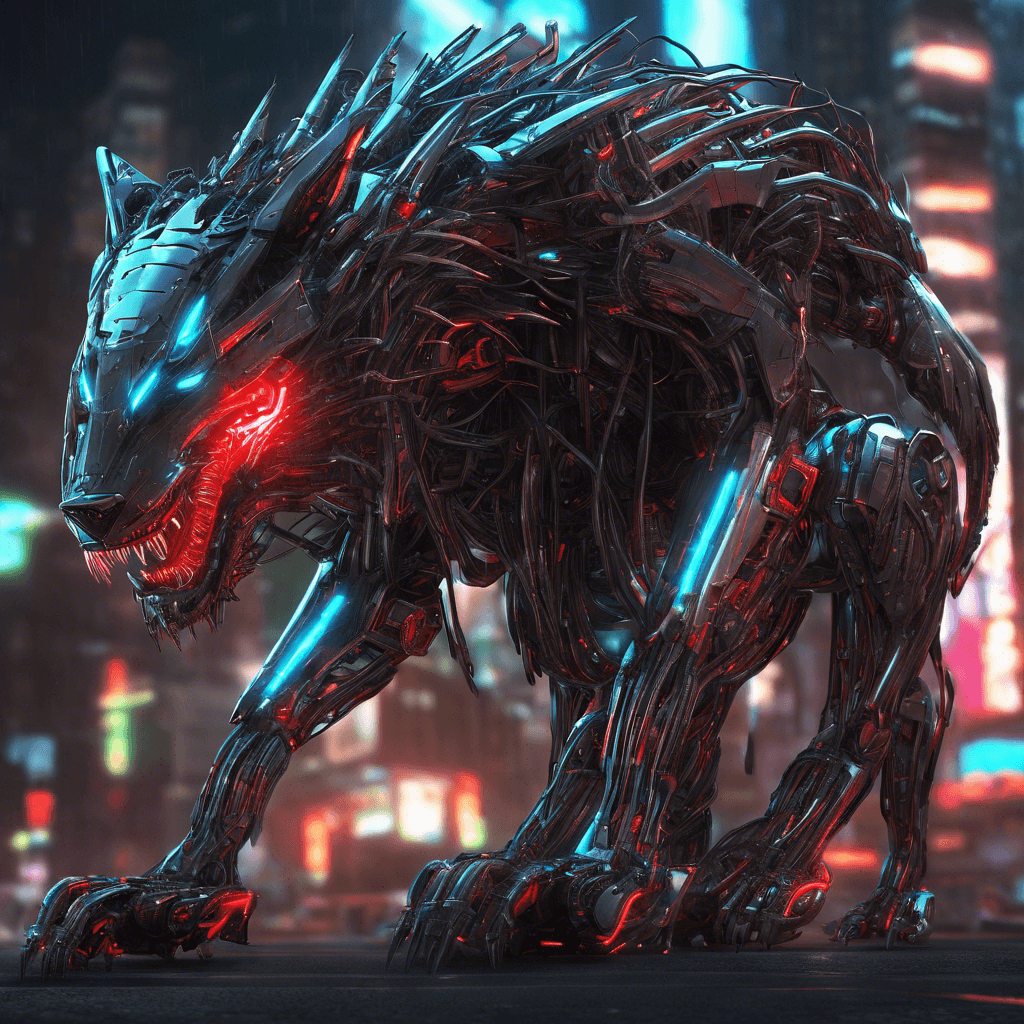 A sleek mechanical beast with luminous, fiber-optic fur, reflecting the neon city lights. Its eyes glow with a predatory red light, wire-like tendons flex beneath its chrome-plated exterior. Razor-sharp metallic teeth gleam, and advanced cybernetic enhancements give it a terrifying, silent grace, making it an unrelenting hunter.