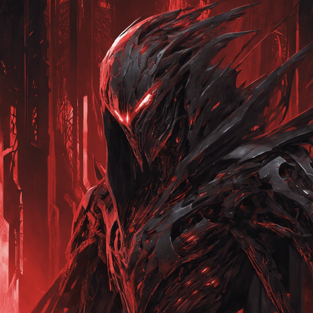 A towering figure cloaked in shredded neo-armor, pulsing with eerie biomechanical enhancements. Its eyes gleam with a sinister red light through the jagged slits of its visor, and cybernetic tendrils writhe behind it like a cloak of shadows.