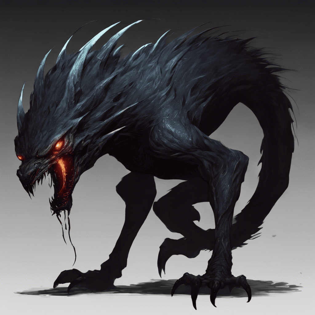 A lithe creature shrouded in darkness, its eyes glowing like coals. Thin, but its muscles ripple beneath its sleek, shadowy fur. Large fangs protrude, dripping with a venomous saliva. It moves with unnatural speed, making it difficult to track as it darts from shadow to shadow.