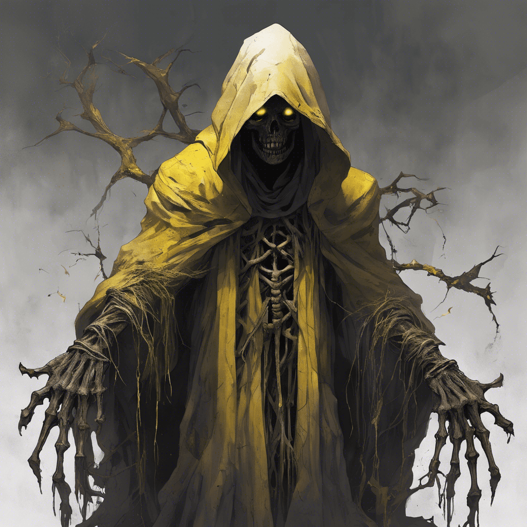 A gnarled figure draped in tattered robes, face obscured by a hood, with piercing yellow eyes that glimmer with malevolence. Skeletal hands emerge from the sleeves, clutching a twisted staff that hums with dark energy.